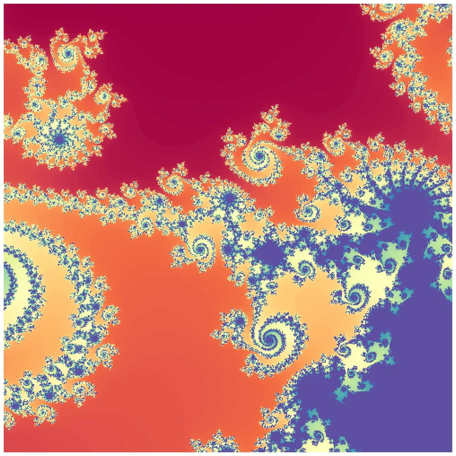 A zoomed-in section of the Mandelbrot set with near-Fibonacci spiral structure.