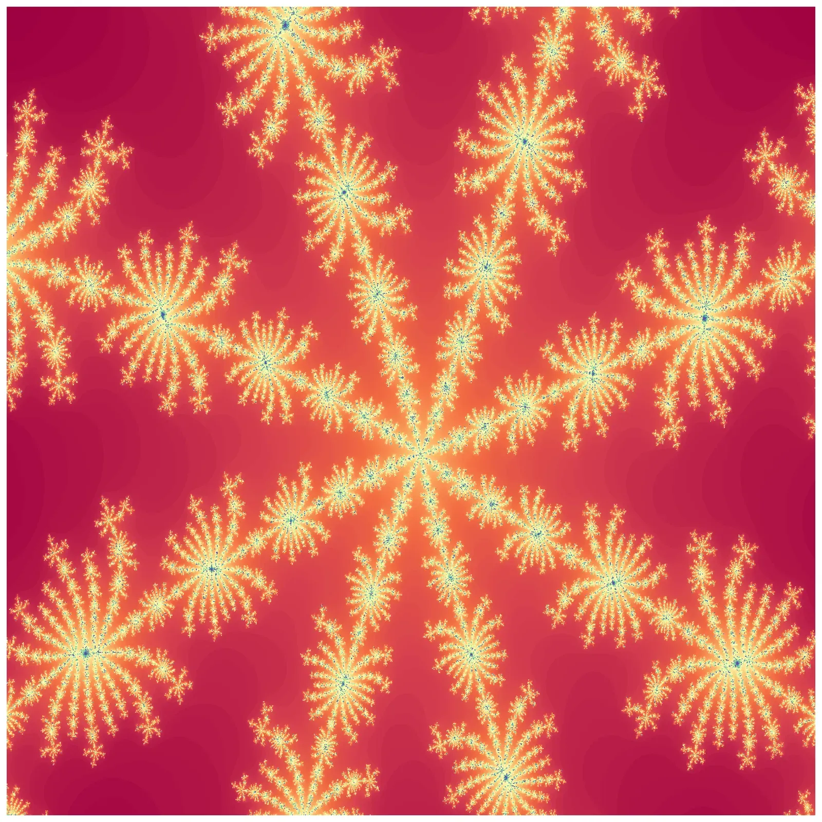 Another zoomed-in section of the Mandelbrot set resembling a snowflake.