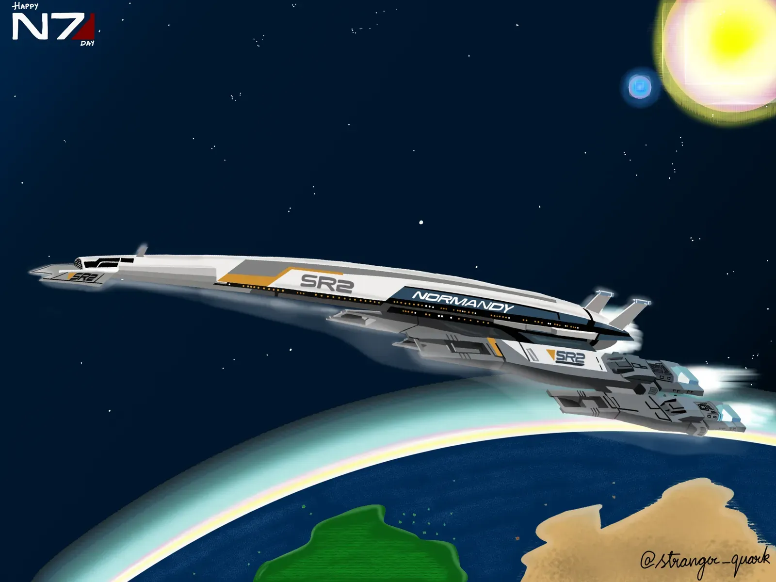 A digital painting of the Normandy SR2 from Mass Effect flying over a planet, with a Happy N7 Day banner.