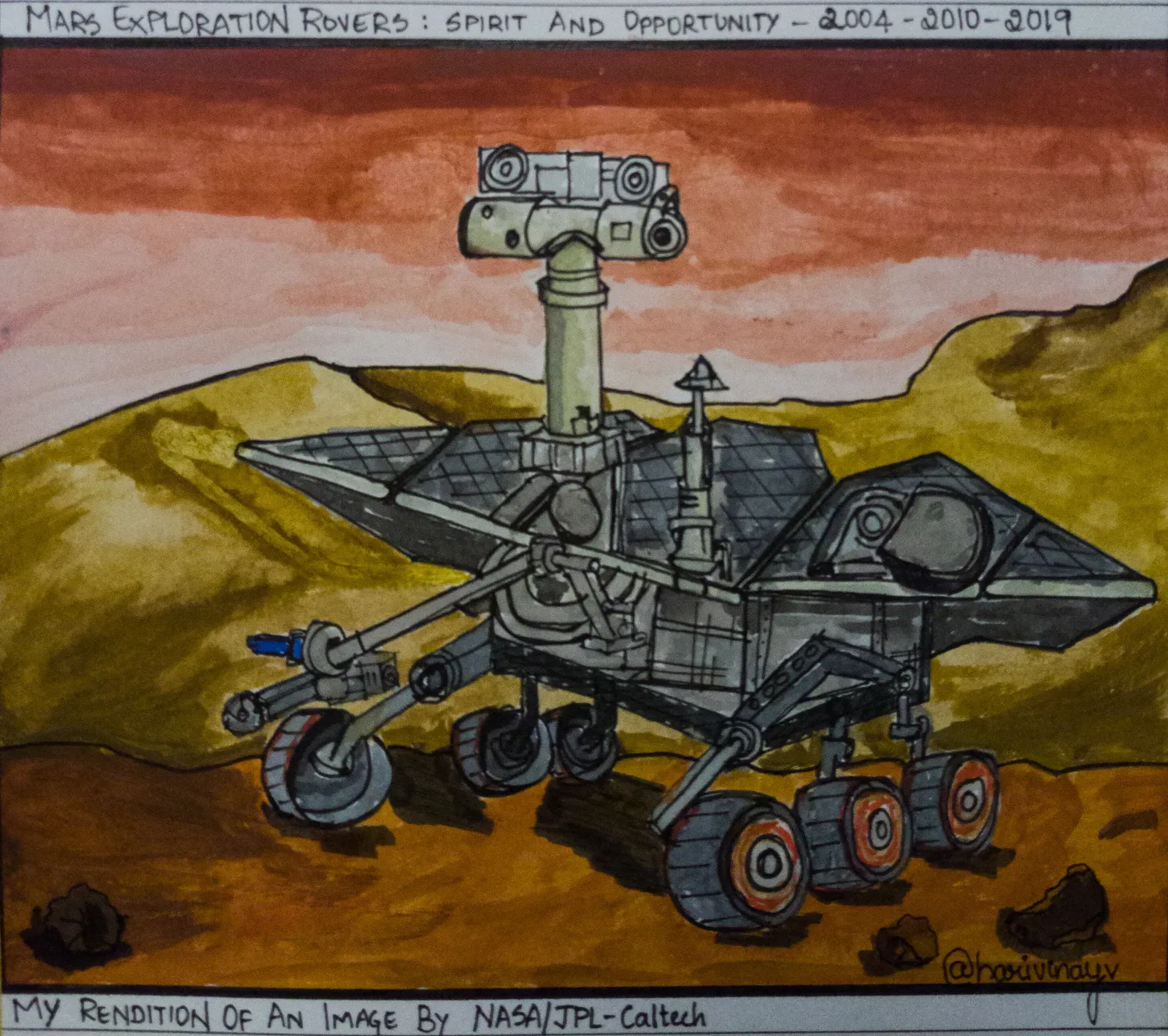 A painting of the Opportunity rover on the Martian surface.