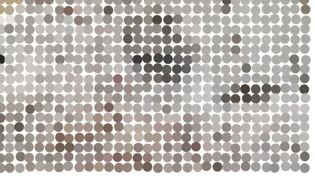 The cat photo redrawn as a grid of overlapping circles, each filled with the color of the pixel underneath.