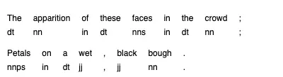 The Ezra Pound couplet, each word with its PENN part-of-speech tag below it.