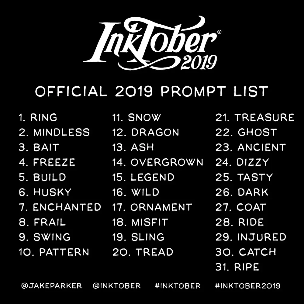 The official Inktober 2019 prompt list — 31 single-word prompts in a grid.