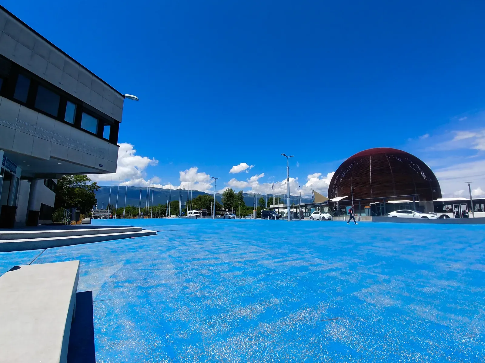 The CERN reception with the Globe of Science and Innovation across the road.